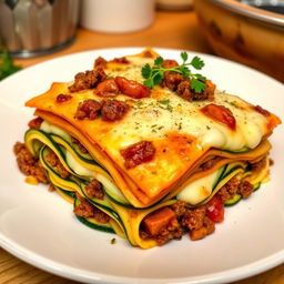 A delicious plate of lasagna made with thinly sliced zucchini instead of pasta, layered with seasoned ground beef and creamy béchamel sauce