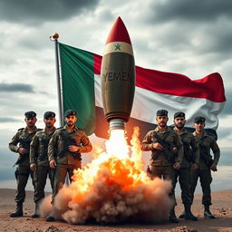 An intense scene showcasing the flag of Yemen prominently displayed alongside several Yemeni soldiers in military uniforms