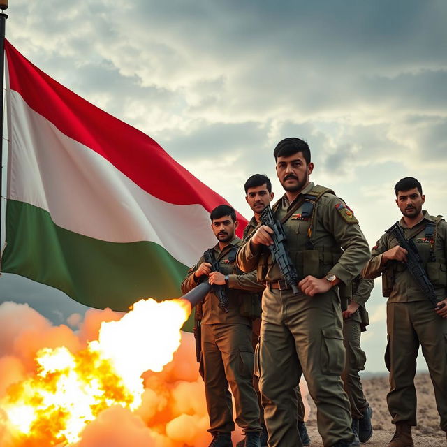 An intense scene showcasing the flag of Yemen prominently displayed alongside several Yemeni soldiers in military uniforms