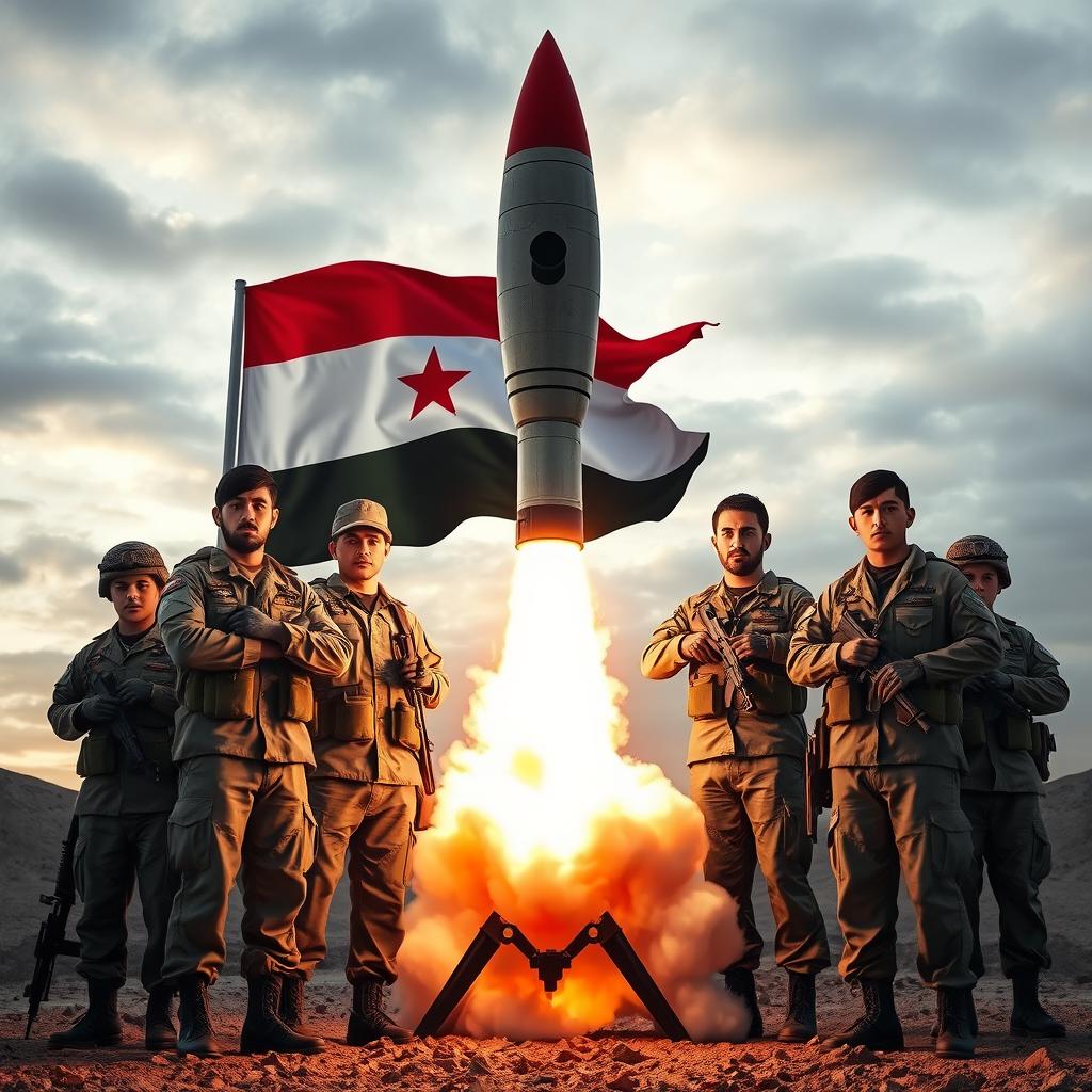 An intense scene showcasing the flag of Yemen prominently displayed alongside several Yemeni soldiers in military uniforms