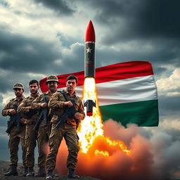 An intense scene showcasing the flag of Yemen prominently displayed alongside several Yemeni soldiers in military uniforms