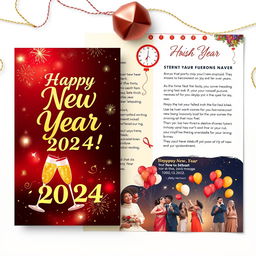 A festive New Year brochure design featuring vibrant colors like gold and red, adorned with sparkling decorations such as fireworks and confetti