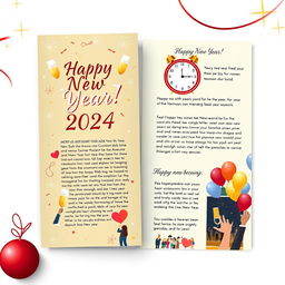 A festive New Year brochure design featuring vibrant colors like gold and red, adorned with sparkling decorations such as fireworks and confetti