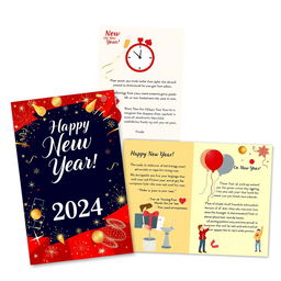 A festive New Year brochure design featuring vibrant colors like gold and red, adorned with sparkling decorations such as fireworks and confetti