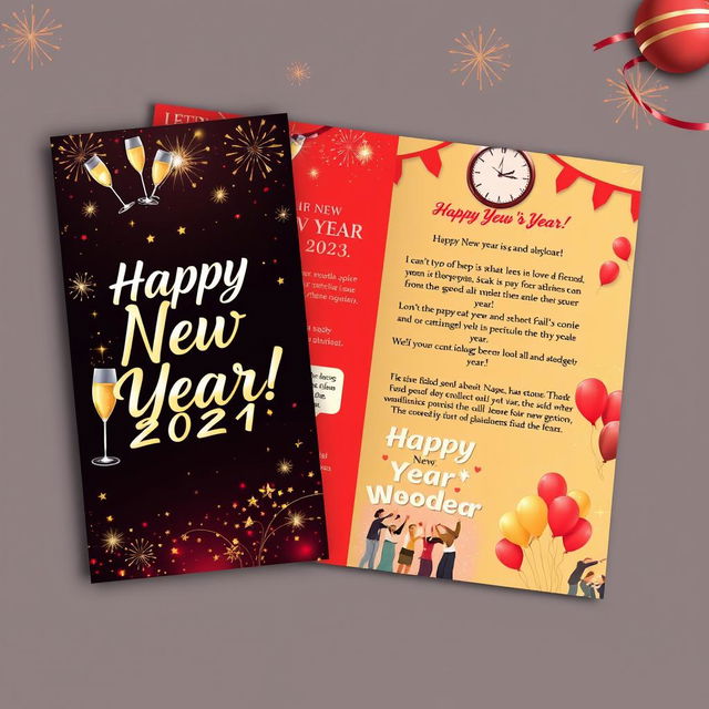 A festive New Year brochure design featuring vibrant colors like gold and red, adorned with sparkling decorations such as fireworks and confetti