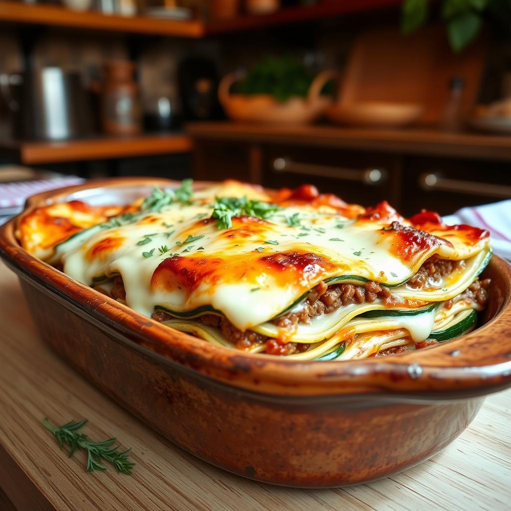 A delicious lasagna made with thin zucchini slices instead of traditional pasta, layered with seasoned ground meat and a creamy bechamel sauce, beautifully presented in a rustic, ceramic baking dish