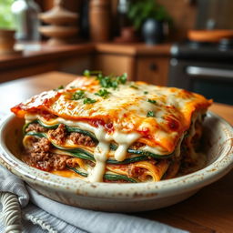 A delicious lasagna made with thin zucchini slices instead of traditional pasta, layered with seasoned ground meat and a creamy bechamel sauce, beautifully presented in a rustic, ceramic baking dish