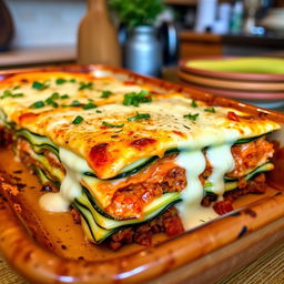 A delicious lasagna made with thin zucchini slices instead of traditional pasta, layered with seasoned ground meat and a creamy bechamel sauce, beautifully presented in a rustic, ceramic baking dish