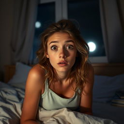 A young woman in her bedroom, startled awake with wide eyes, her hair disheveled from sleep