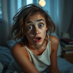 A young woman in her bedroom, startled awake with wide eyes, her hair disheveled from sleep