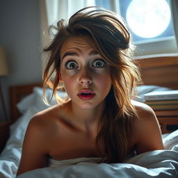 A young woman in her bedroom, startled awake with wide eyes, her hair disheveled from sleep