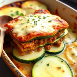 A delicious, beautifully arranged lasagna made with thin slices of zucchini, layers of seasoned ground meat, and creamy béchamel sauce