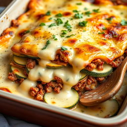 A delicious, beautifully arranged lasagna made with thin slices of zucchini, layers of seasoned ground meat, and creamy béchamel sauce