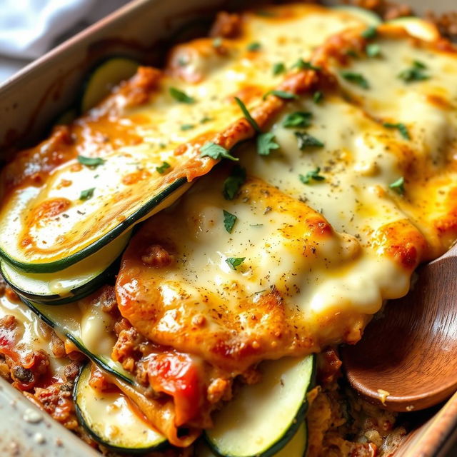 A delicious, beautifully arranged lasagna made with thin slices of zucchini, layers of seasoned ground meat, and creamy béchamel sauce