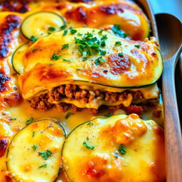 A delicious, beautifully arranged lasagna made with thin slices of zucchini, layers of seasoned ground meat, and creamy béchamel sauce
