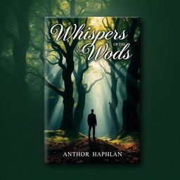 A captivating and visually striking book cover design featuring a mysterious forest with ancient trees and dappled sunlight filtering through the leaves