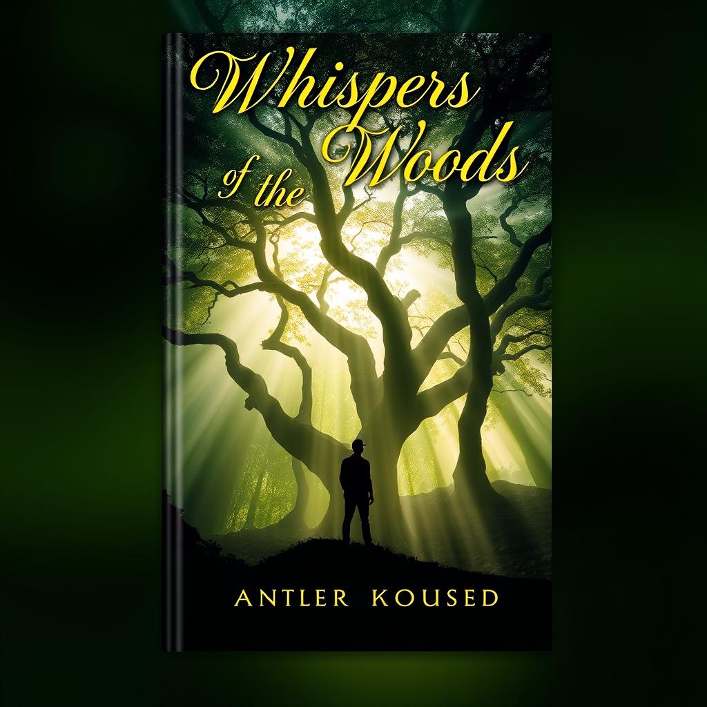 A captivating and visually striking book cover design featuring a mysterious forest with ancient trees and dappled sunlight filtering through the leaves