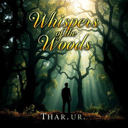 A captivating and visually striking book cover design featuring a mysterious forest with ancient trees and dappled sunlight filtering through the leaves