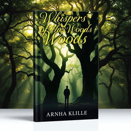 A captivating and visually striking book cover design featuring a mysterious forest with ancient trees and dappled sunlight filtering through the leaves