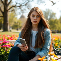 A young woman with long flowing brunette hair and bright green eyes, intently listening as if receiving important information