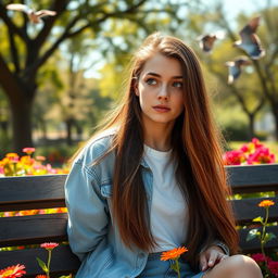 A young woman with long flowing brunette hair and bright green eyes, intently listening as if receiving important information