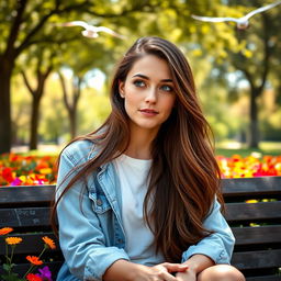 A young woman with long flowing brunette hair and bright green eyes, intently listening as if receiving important information