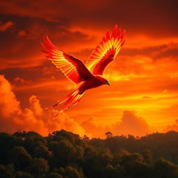 A majestic 'Ave de fuego' (Firebird) soaring through a vibrant sunset sky, its feathers ablaze with hues of red, orange, and yellow, resembling actual flames