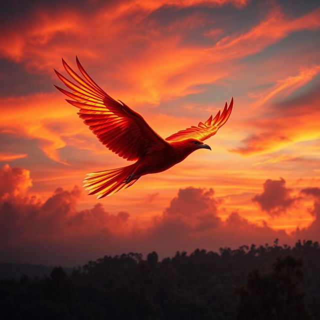 A majestic 'Ave de fuego' (Firebird) soaring through a vibrant sunset sky, its feathers ablaze with hues of red, orange, and yellow, resembling actual flames