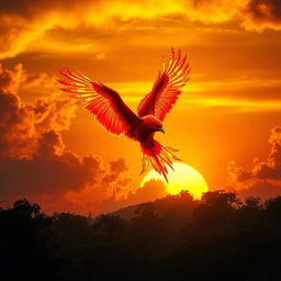 A majestic 'Ave de fuego' (Firebird) soaring through a vibrant sunset sky, its feathers ablaze with hues of red, orange, and yellow, resembling actual flames