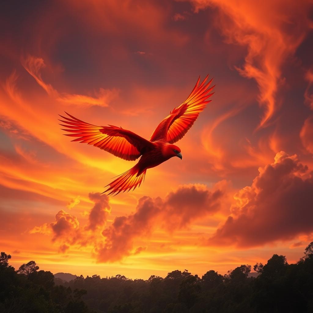 A majestic 'Ave de fuego' (Firebird) soaring through a vibrant sunset sky, its feathers ablaze with hues of red, orange, and yellow, resembling actual flames