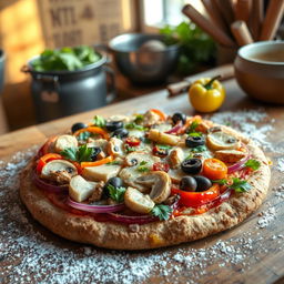 A delicious and vibrant vegetable pizza topped with mushrooms and chicken, all on a wholesome whole wheat and oat crust