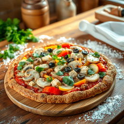 A delicious and vibrant vegetable pizza topped with mushrooms and chicken, all on a wholesome whole wheat and oat crust