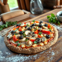 A delicious and vibrant vegetable pizza topped with mushrooms and chicken, all on a wholesome whole wheat and oat crust