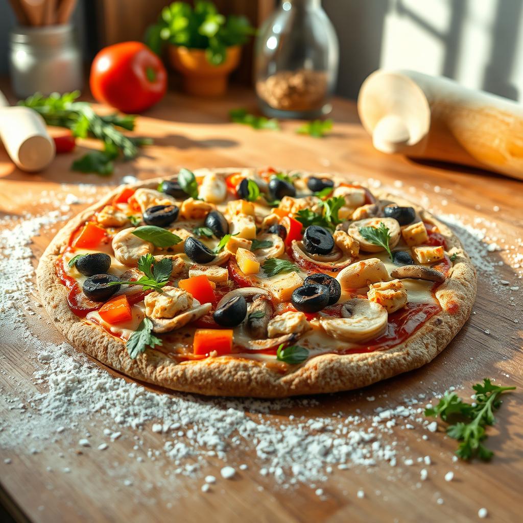 A delicious and vibrant vegetable pizza topped with mushrooms and chicken, all on a wholesome whole wheat and oat crust