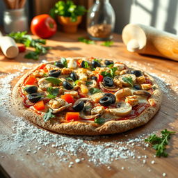 A delicious and vibrant vegetable pizza topped with mushrooms and chicken, all on a wholesome whole wheat and oat crust