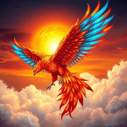 A magnificent fire bird beautifully illustrated, with exquisite azure blue accents throughout its feathers and wings