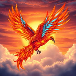 A magnificent fire bird beautifully illustrated, with exquisite azure blue accents throughout its feathers and wings