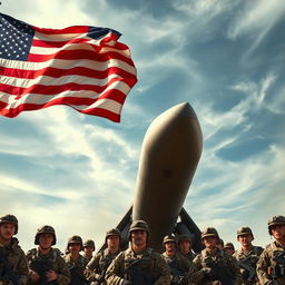 An impactful military scene featuring the American flag waving prominently in the foreground