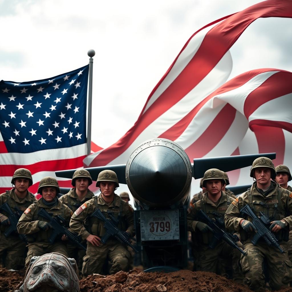 An impactful military scene featuring the American flag waving prominently in the foreground