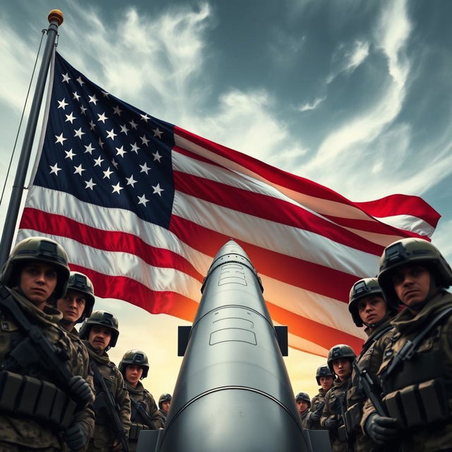 An impactful military scene featuring the American flag waving prominently in the foreground