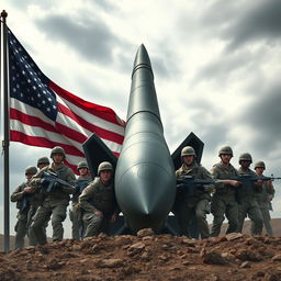 An impactful military scene featuring the American flag waving prominently in the foreground