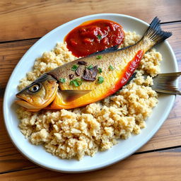A delicious platter showcasing a traditional fish dish, known as Sayadiya, served with bulgur wheat