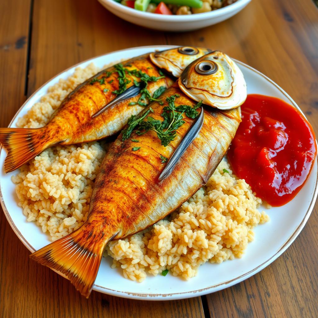 A delicious platter showcasing a traditional fish dish, known as Sayadiya, served with bulgur wheat