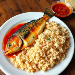 A delicious platter showcasing a traditional fish dish, known as Sayadiya, served with bulgur wheat