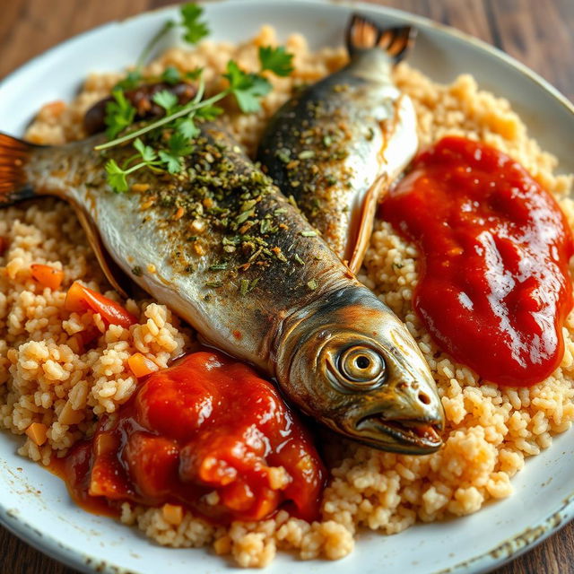 A delicious platter showcasing a traditional fish dish, known as Sayadiya, served with bulgur wheat