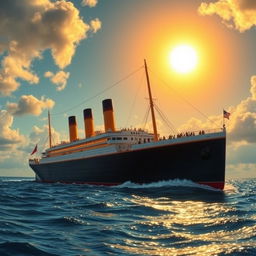 A majestic and grand depiction of the Titanic in all its glory, highlighted under a setting sun on the ocean