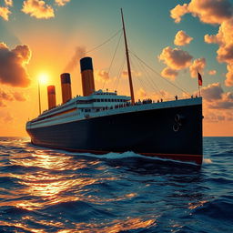 A majestic and grand depiction of the Titanic in all its glory, highlighted under a setting sun on the ocean