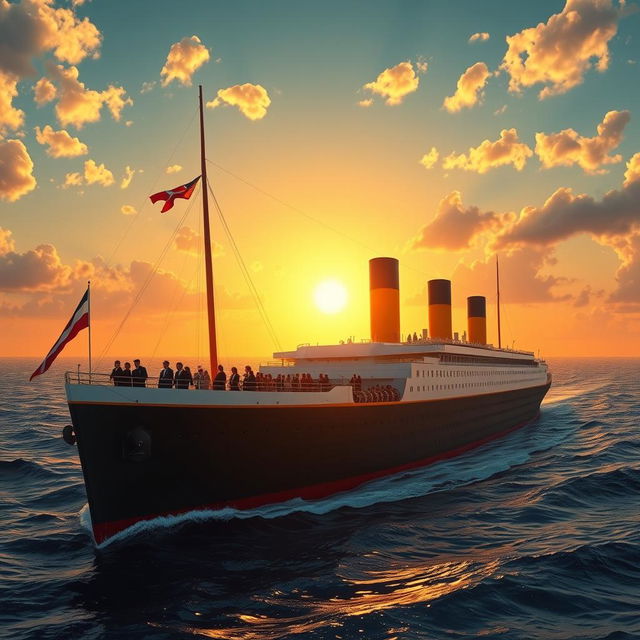 A majestic and grand depiction of the Titanic in all its glory, highlighted under a setting sun on the ocean