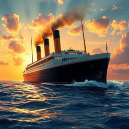A majestic and grand depiction of the Titanic in all its glory, highlighted under a setting sun on the ocean