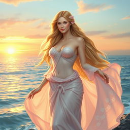 A breathtaking depiction of Aphrodite, the Greek goddess of love and beauty, standing gracefully beside the ocean